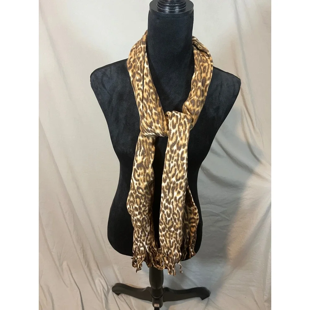 Womens Leopard Print‎ Fleece Scarf Brown Tan Animal Pattern Fringe Long Wrap